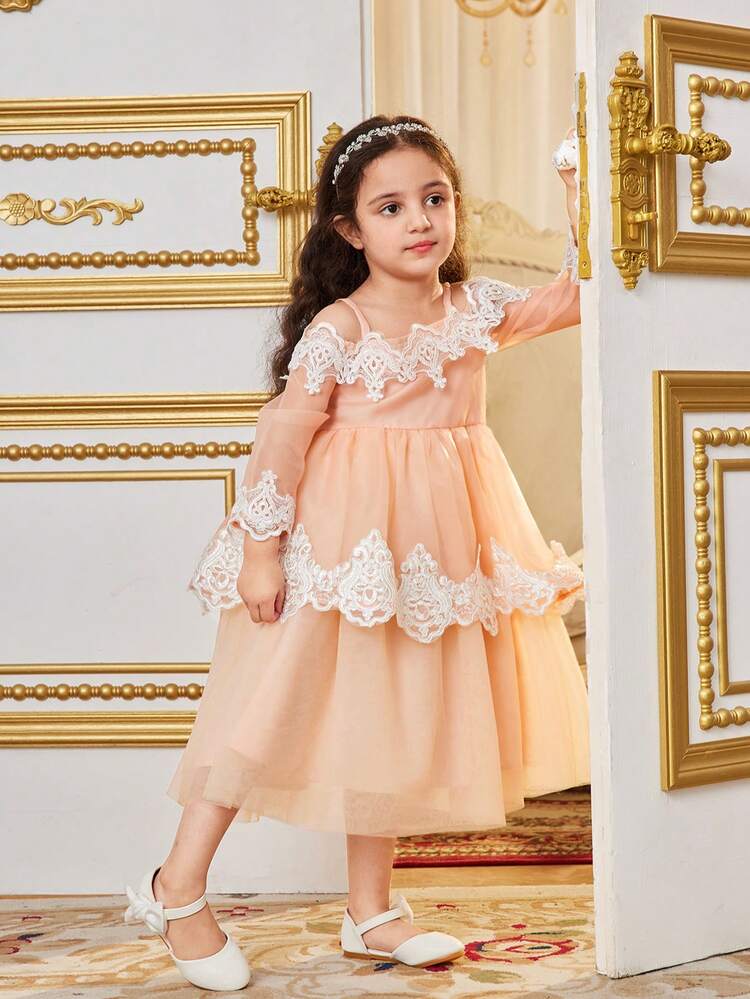 Young Girl Integrated Cute Off Shoulder Dress With Lace Decorated Organza, Summer