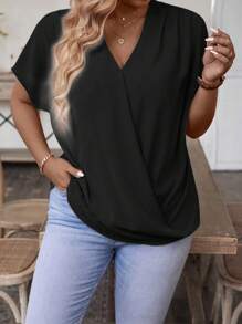 SHEIN Clasi Của phụ nữ Màu thuần Cổ chữ V Kích thước lớn Áo sơ mi - màu đen - Xem 4