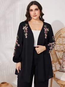 Mulvari Set da donna taglie forti con due pezzi, manica a lanterna con ricamo floreale - nero - Visualizzare 4