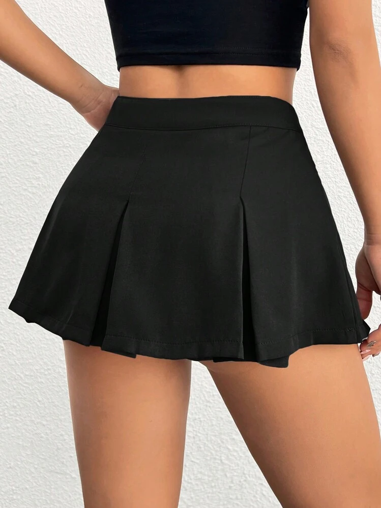 SHEIN PETITE 女士實色不對稱腰部褶皺迷你裙 - 黑色 - 查看 2