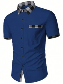 Manfinity Mode Men's Plaid Patchwork Pocket Short Sleeve Shirt - Blue - View 3