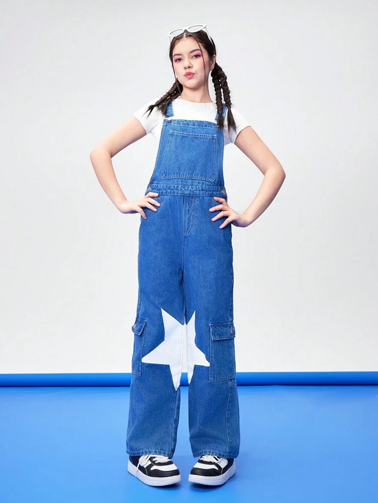 Teen Girl Star Printed Wide Leg Denim Overalls