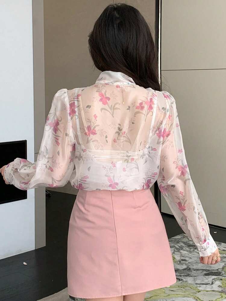 Puff Sleeve Floral Print Women's Shirt With Tie Neck Long Sleeve Top Easter