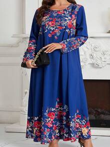 Plus Size Women Round Neck Long Sleeve Loose Casual Printed Dress - Blue - View 4