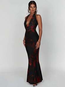 Fashionable Printed Halterneck Dress With Ribbon Straps - Black - View 5