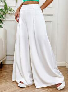 SHEIN EZwear 純色百褶寬鬆休閒寬腿褲