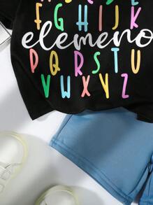 Young Boy 2pcs/Set Letter Printed Short Sleeve T-Shirt And Solid Color Shorts - Black - View 3