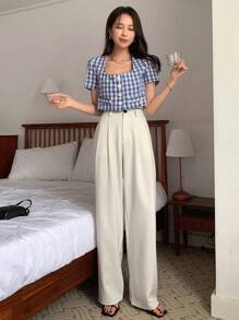 DAZY 女士百褶直筒休闲商务办公裤、女士正装裤、秋季返校服 - 白色 - 查看 2