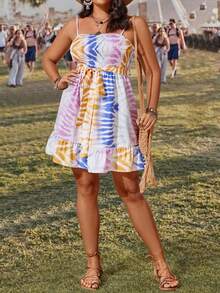 SHEIN VCAY 大尺寸度假風格打結染色連衣裙,有褶邊和肩帶 - 彩色 - 查看 4