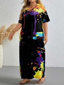 LONESS Của phụ nữ Kích thước lớn Ink Hình bắn In Cổ chữ V Lỏng lẻo Váy áo thun - màu đen - Xem 4