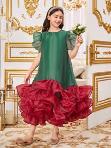 SHEIN 青少女寬鬆休閒色塊荷葉邊連衣裙 - 綠色 - 查看 6