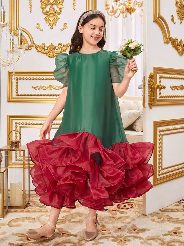 Tween Girls' Loose Fit Casual Colorblock Ruffle Hem Dress