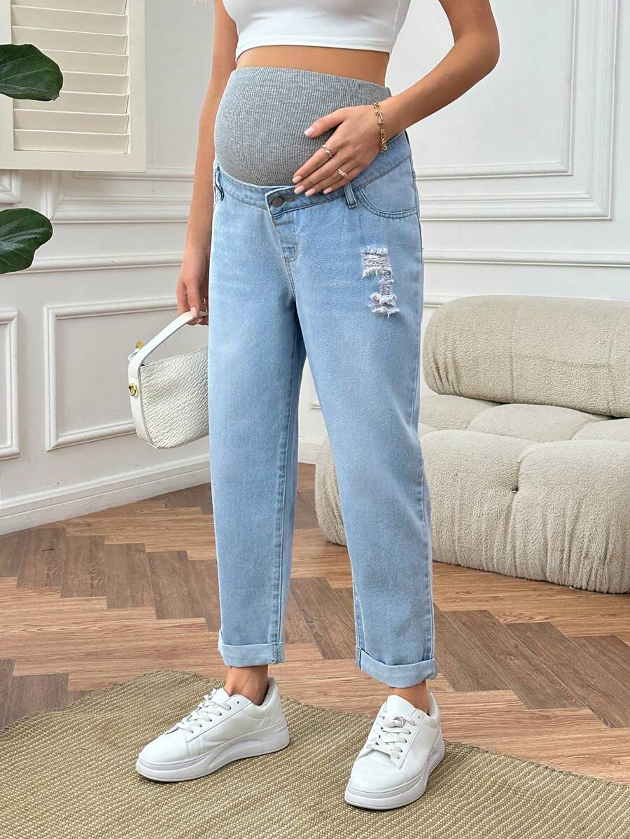 SHEIN Casual & Comfy Maternity Jeans With Knit Ripped Holes And Adjustable Waistband - Multicolor - View 1