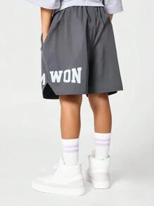 SUMWON Kids Unisex Nylon Curve Hem Short With Front Print - Grey - View 2