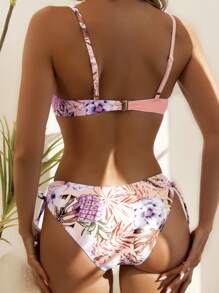 Swim Vcay Summer Beach Plant Print Spaghetti Strap Bikini Set With Detachable Bottom - Pink - View 2