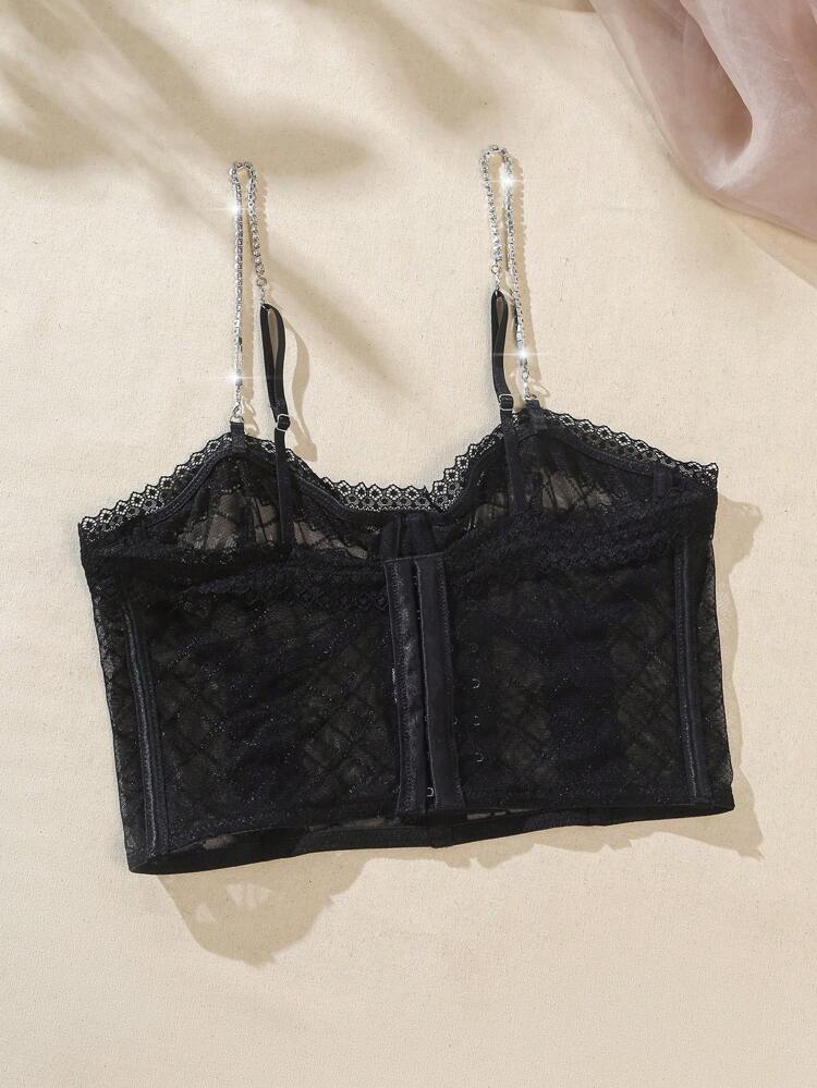 Rhinestone & Chain & Lace Decor Sexy Tight Bustier