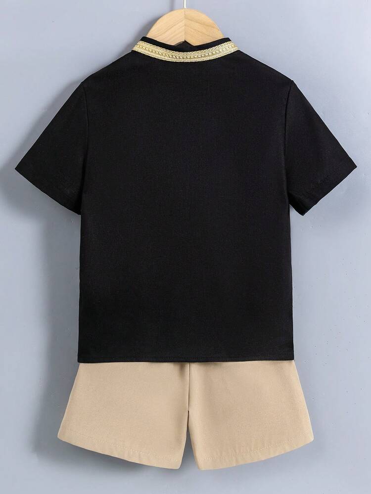 Young Boy Casual Patchwork Trimmed Simple & Comfortable Short Sleeve Top And Shorts 2pcs Outfits