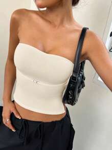 SHEIN EZwear 女士純色無肩帶緊身背心上衣 - 杏色 - 查看 5