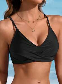 SHEIN Swim Top de bañador con tirantes de espagueti cruzados de unicolor para mujer, top de bikini con tirantes ajustables para el verano y la playa