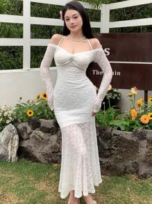 DAZY 女士蕾丝长袖A字型正式派对/返校礼服优雅吊带裙，秋季连衣裙 - 白色 - 查看 4