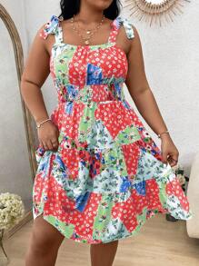 SHEIN Franclia Kích thước lớn Hoa In Cao eo Dây đeo Mì Ý  Đầm - Nhiều màu - Xem 3