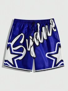 ROMWE MEN Prep Men's Letter & Star Print Drawstring Waist Shorts, School - Blue - View 1
