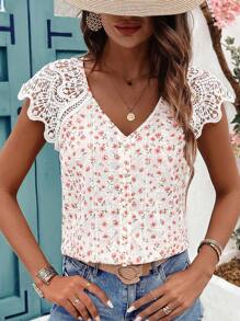 SHEIN Frenchy Áo cưới cổ chữ V có hoa nhỏ chắp vá mùa hè cho nữ - Nhiều màu - Xem 4