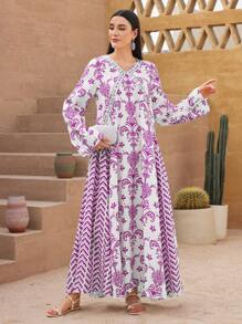 Al Najma Robe arabe à manches longues avec imprimé floral pour femmes