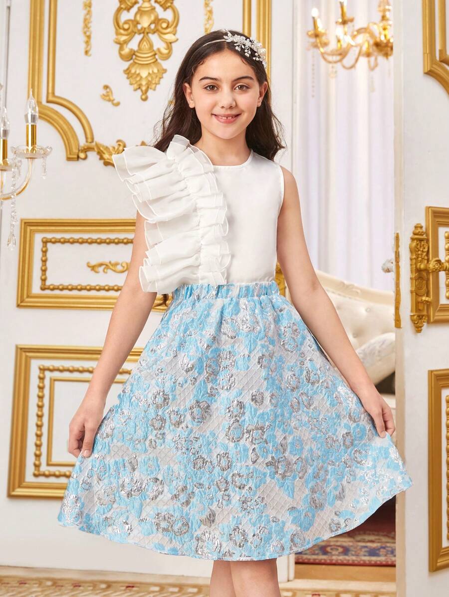 SHEIN Tween Girls' Loose And Lovely Light Palace Style Frilled Round Neckline Shirt & Floral Skirt Two-Piece Set - Blue - View 1