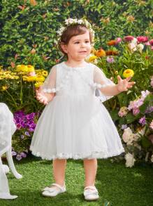 SHEIN Set van witte satijnen geborduurde mouwloze mesh-jurk voor babymeisjes met mesh-sjaal