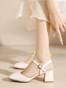 Women's Chunky Heels Mary Jane Pumps With Open Back - Beige - View 4