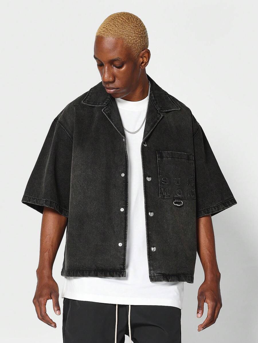 SUMWON 宽版型立领牛仔衬衫 - 黑色 - 查看 1