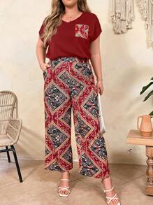 EMERY ROSE 大尺碼v領蝙蝠袖上衣,帶貼袋和利印花褲子