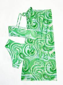 SHEIN Swim Marble Print Bikini Set, Two Pieces Bikini Set, Swimwear With Cover Up Skirt Bathing Suit Beach Outfit Music Festival Summer Vacation,Summer Beach - Green - View 6