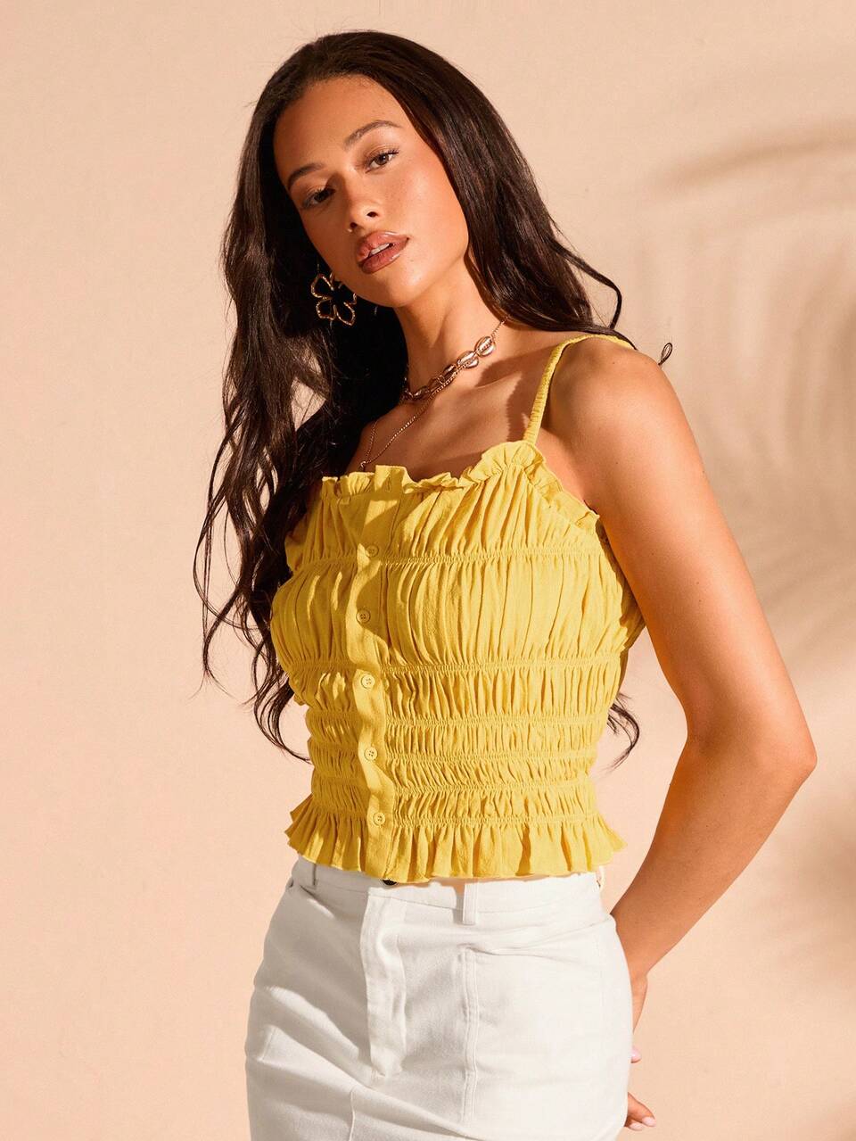 New Arrival Solid Color Frill Decorated Front Button Camisole Top