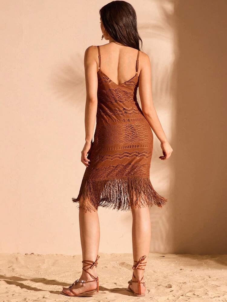 Tassel Hem Hollow Out Knitted Vacation & Casual Sleeveless Dress