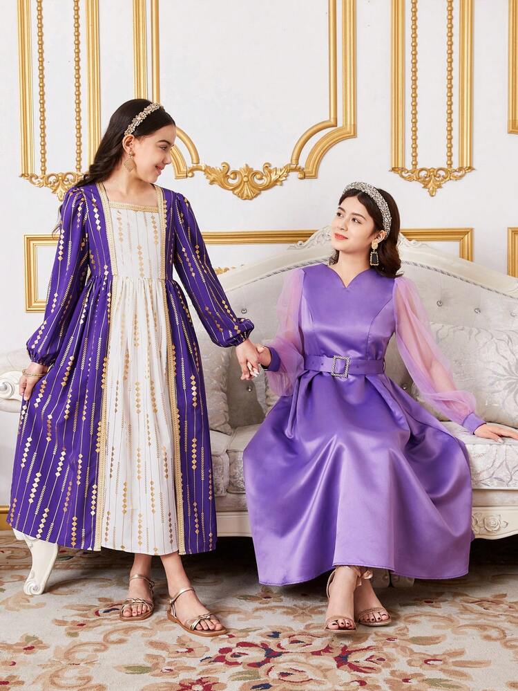 Tween Girl Square Neckline Puff Sleeve Long Dress With Jacquard Trim, Foil Geometric Patterns And Color Blocking Details