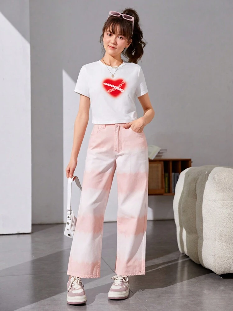 Teen Girl Color Blocking Straight Leg Jeans With Slanted Pockets