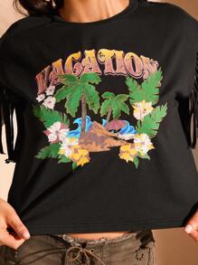 Forever 21 Tropical Palm Leaf & Letter Printed Fringe Hem Cropped T-Shirt - Black - View 4