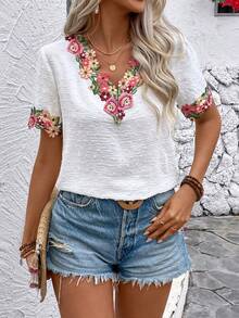 Breezaya Thêu hoa Kết cấu Ngắn tay Áo sơ mi - trắng - Xem 4