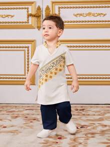 SHEIN Bộ trang phục áo sơ mi ngắn tay in hình bé trai có cổ đứng và quần lưng thun màu trơn - Xanh đậm - Xem 4