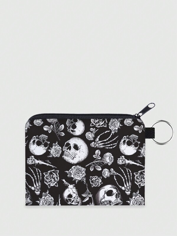 Goth Black Skull & Rose Patterned Polyester Portable Zipper Coin Purse, Women's Small Wallet, Holiday Gift
