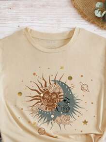 INAWLY Women's Short Sleeve T-Shirt With Sun, Moon & Face Printed Pattern Graphic Tees Women Tops - Khaki - View 4