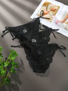 3入組花邊繫帶簡約女性內衣 - 黑色 - 查看 2