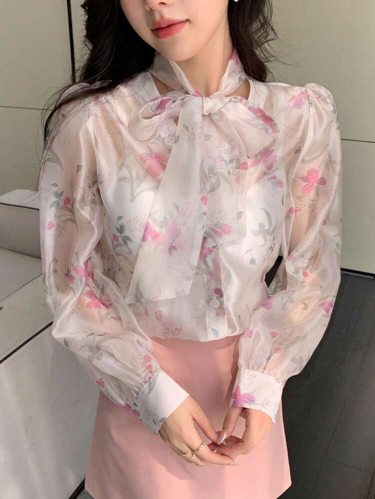 Puff Sleeve Floral Print Women's Shirt With Tie Neck Long Sleeve Top Easter