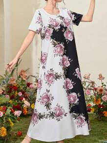 Al Najma 花卉印花短袖阿拉伯连衣裙 - 黑與白 - 查看 1