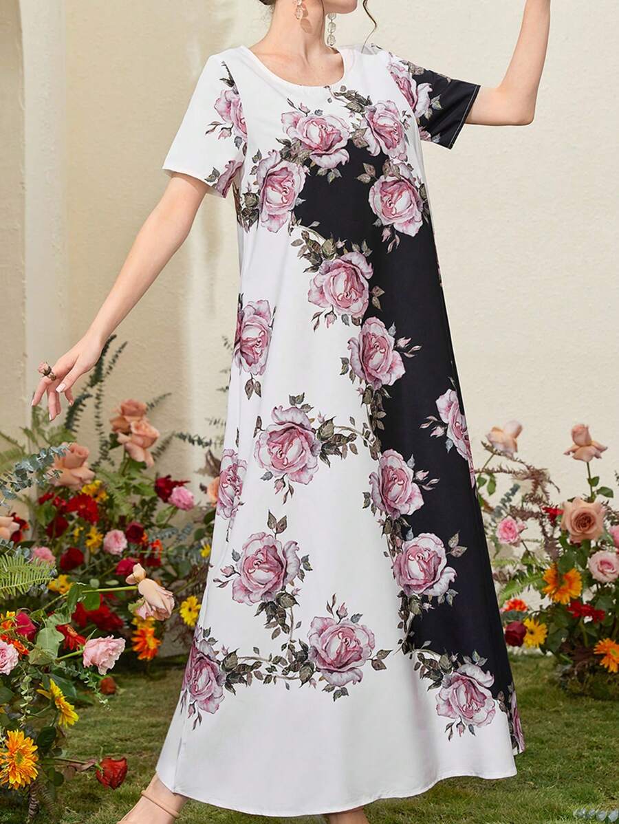 Al Najma 花卉印花短袖阿拉伯连衣裙 - 黑與白 - 查看 1