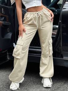 SHEIN SXY Pantalones Vaqueros Para Mujer De Cintura Con Cordón En Color Sólido Con Bolsillos Con Solapa - Caqui - Ver 1