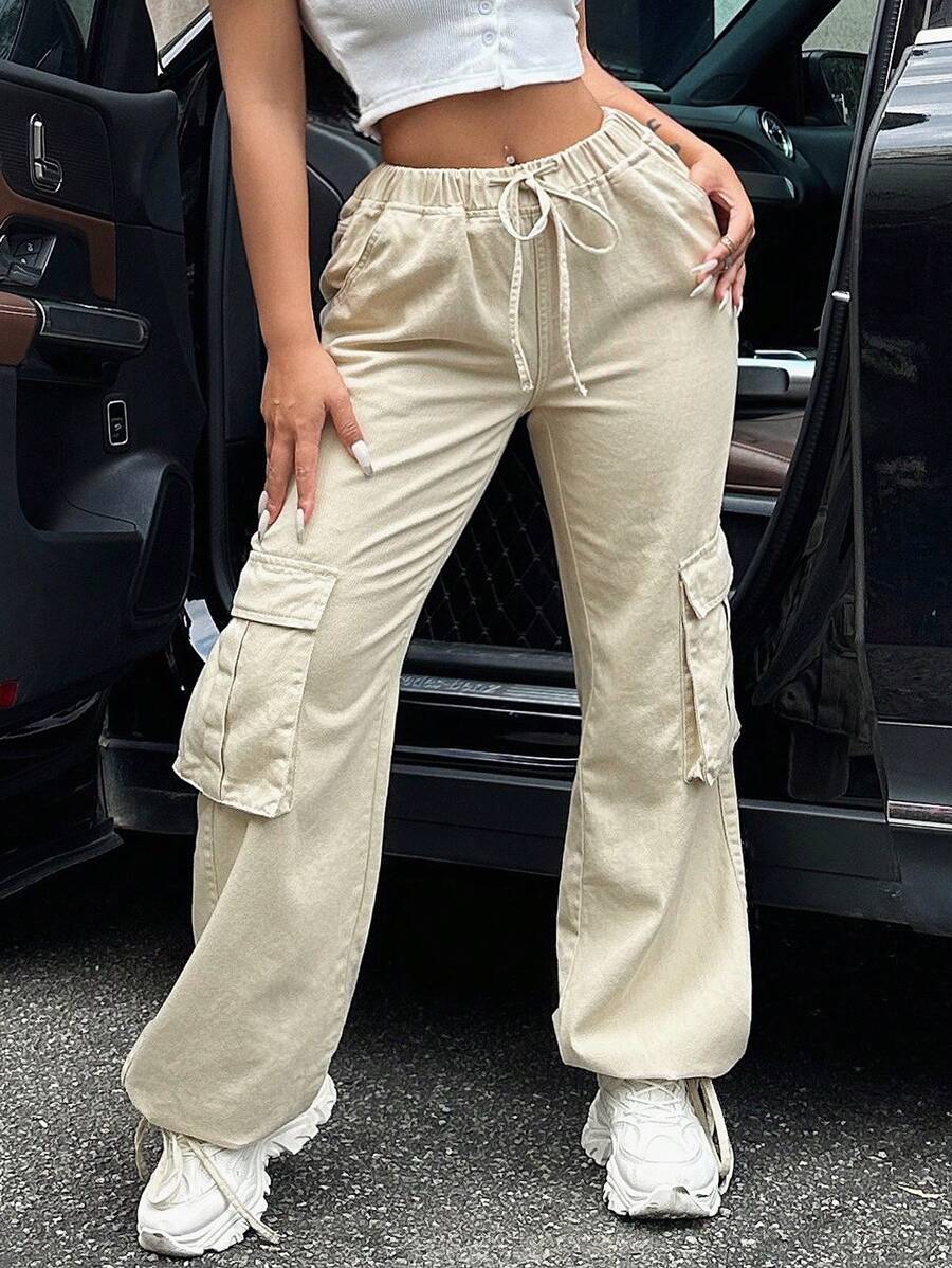 SHEIN SXY Pantalones Vaqueros Para Mujer De Cintura Con Cordón En Color Sólido Con Bolsillos Con Solapa - Caqui - Ver 1