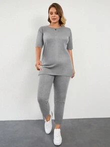 Cloudara Women's Plus Size Solid Color Vertical Striped Short Sleeve Top And Long Pants Two Piece Set - Light Grey - View 3